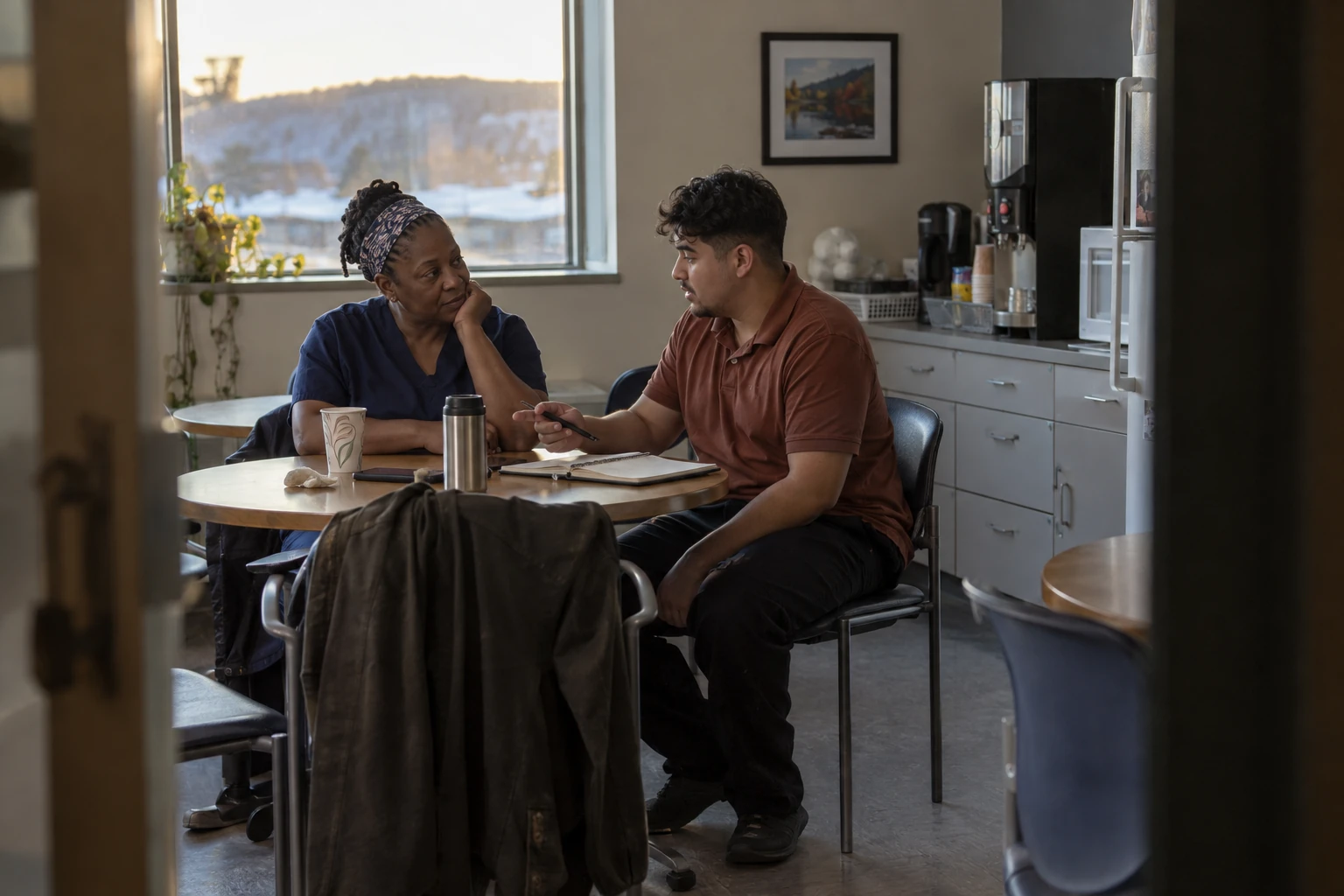 Healthcare colleagues in conversation around a table during a break in their working day.