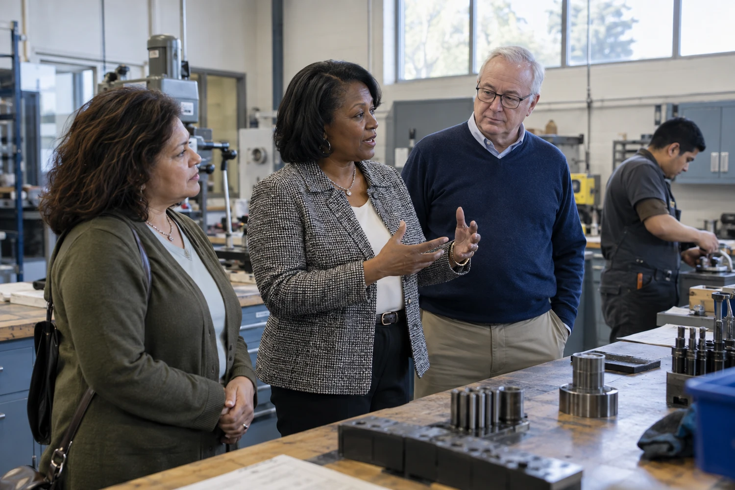 A president and trustees listening during a technical lab visit.