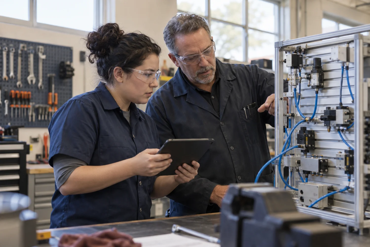 An instructor and adult learners collaborating in a technical learning environment.