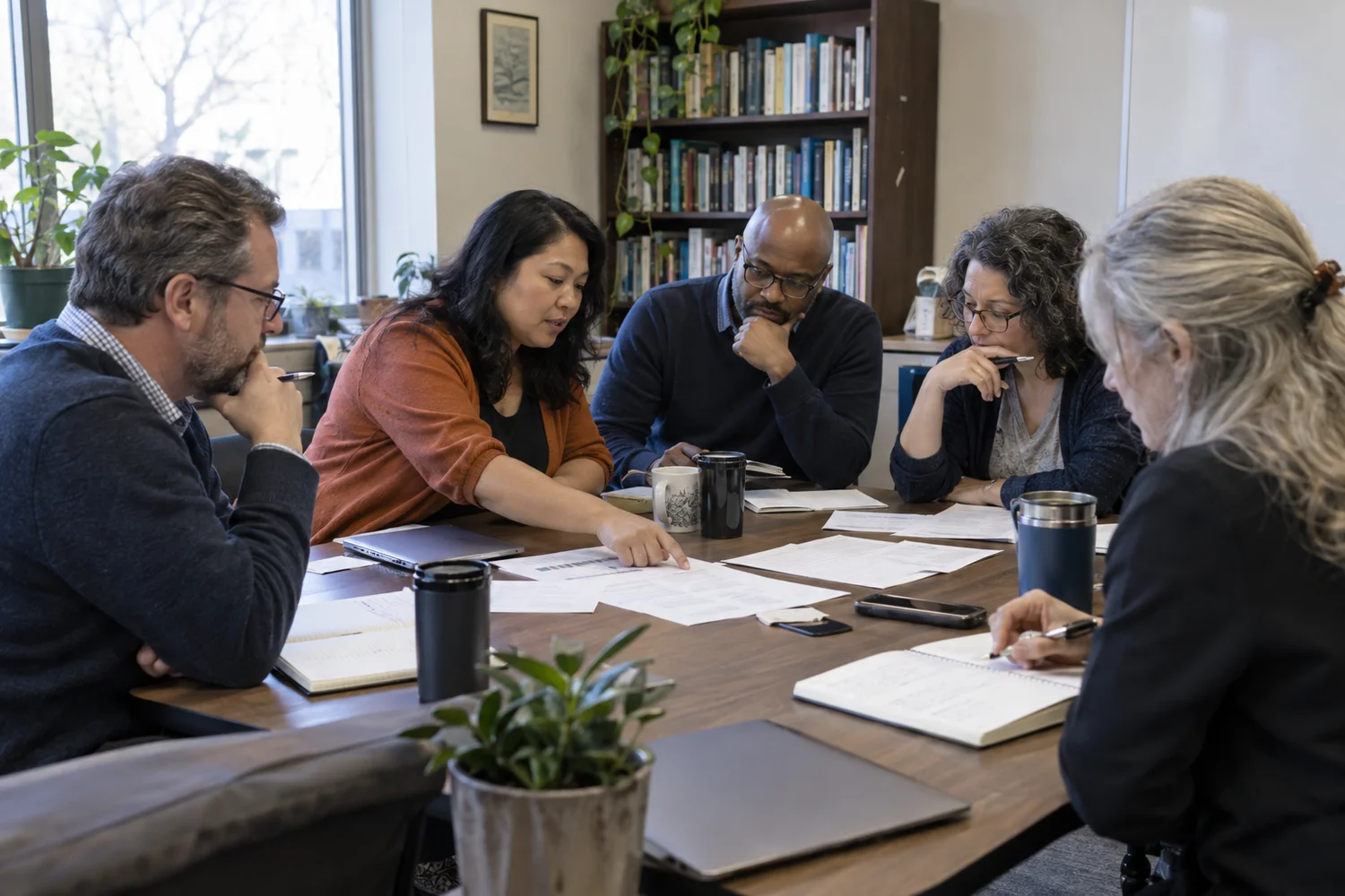 A group of campus colleagues working through a policy document together.