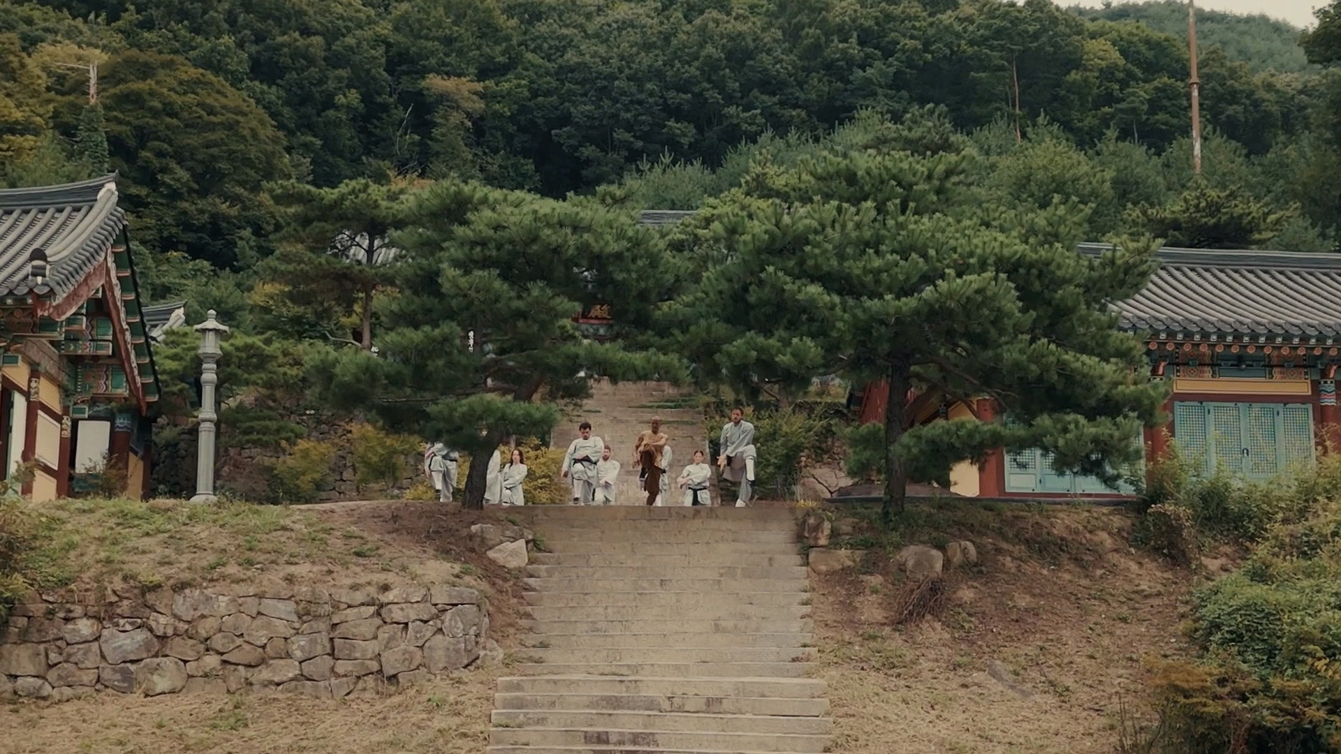 용문사 전경과 쿵푸 훈련을 받는 사람들 | Yongmunsa Temple scenery and people practicing kung fu