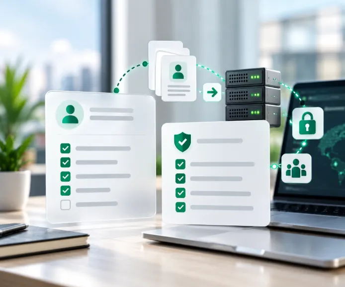 Identity cards and policy checklists feeding into servers