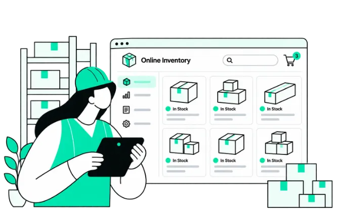 Illustration of a person checking an online inventory of agents and tools on a tablet
