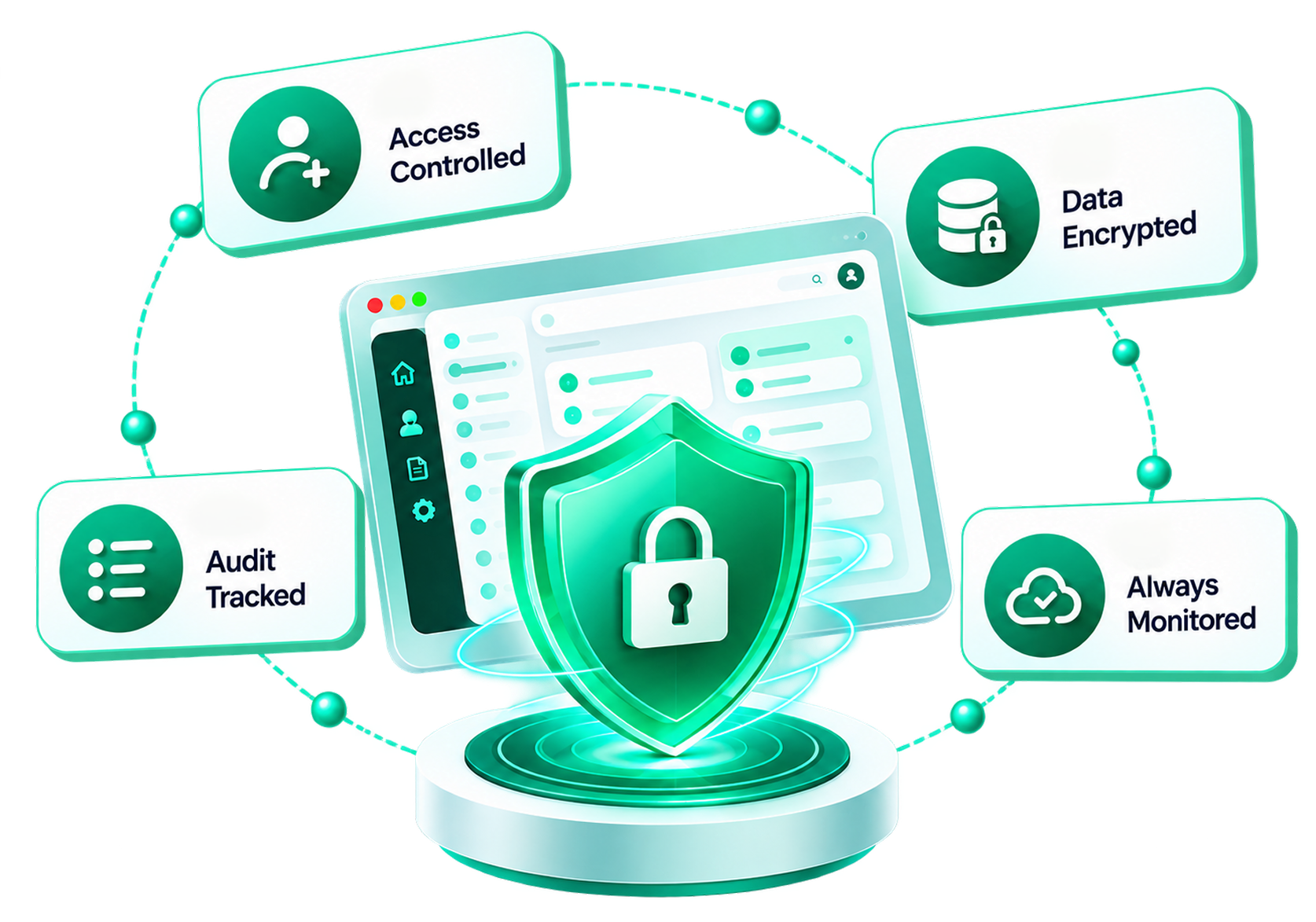 Console window protected by a green shield and padlock, surrounded by badges: Access Controlled, Data Encrypted, Audit Tracked, Always Monitored
