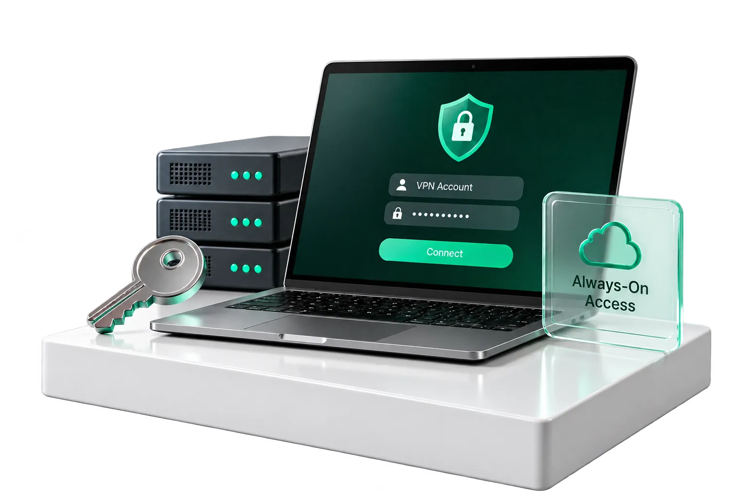 Laptop showing a VPN login next to servers, a key and an always-on access badge