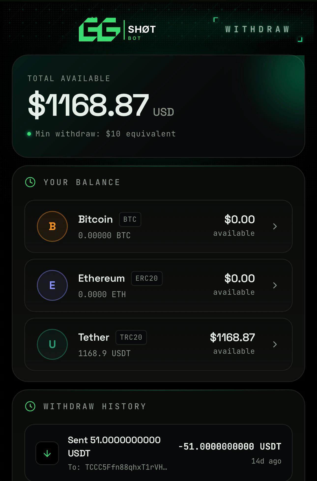 GG-Shot referral balances in BTC, ETH and USDT