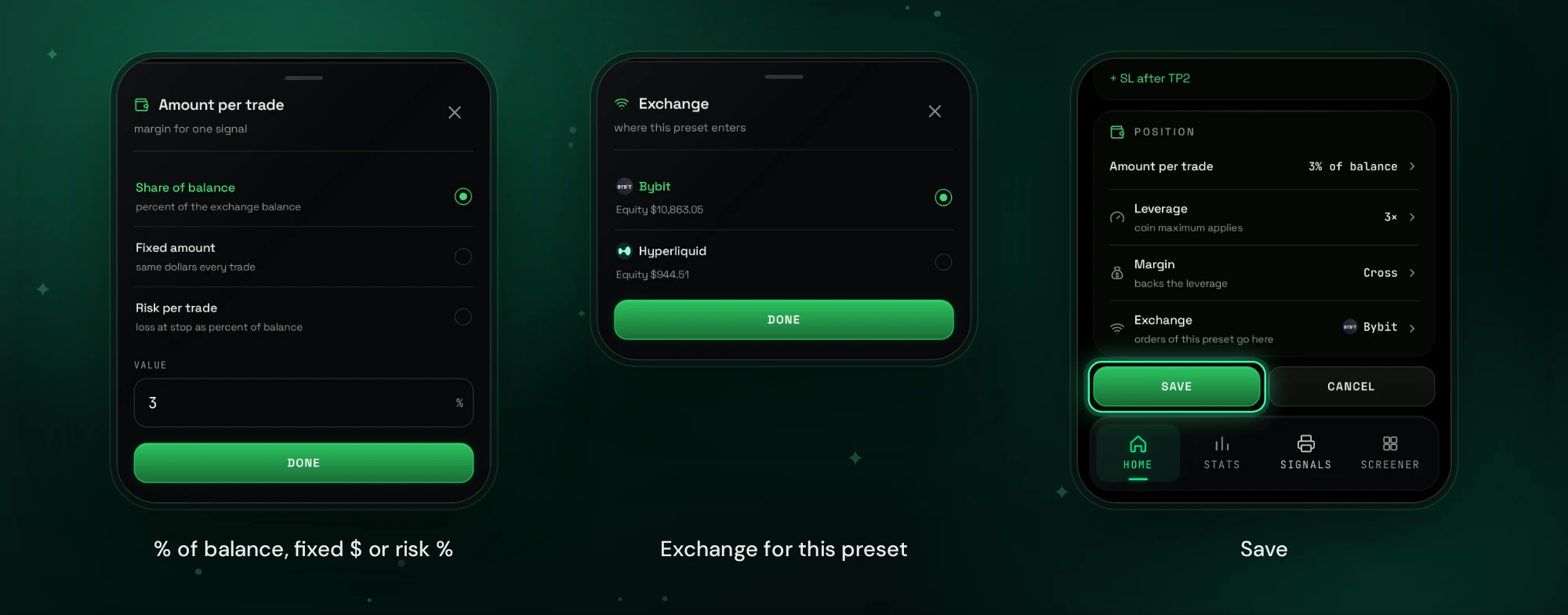 Amount per trade, the exchange for the preset, and Save