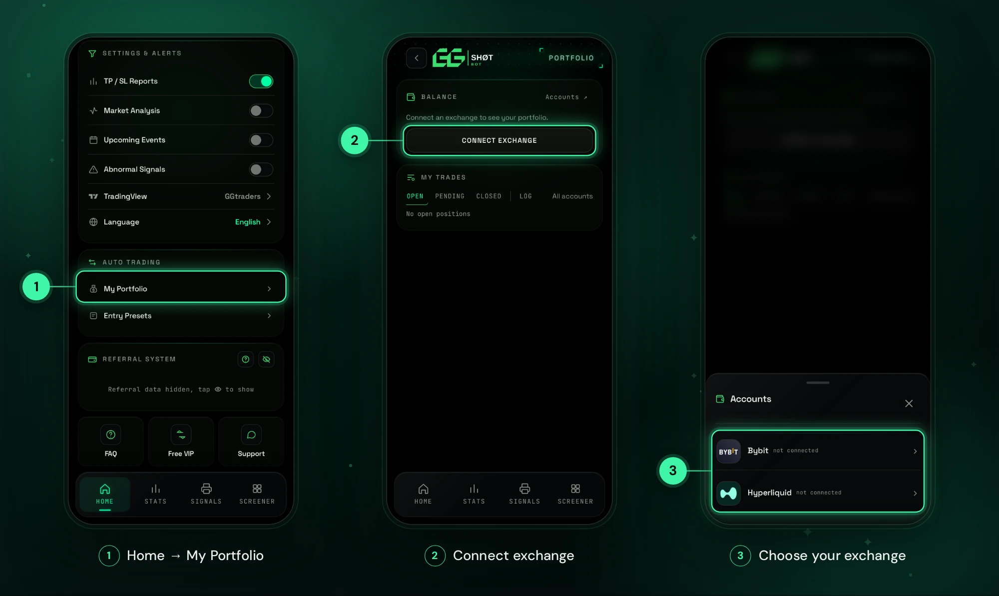 Home, My Portfolio, Connect exchange, then Bybit or Hyperliquid