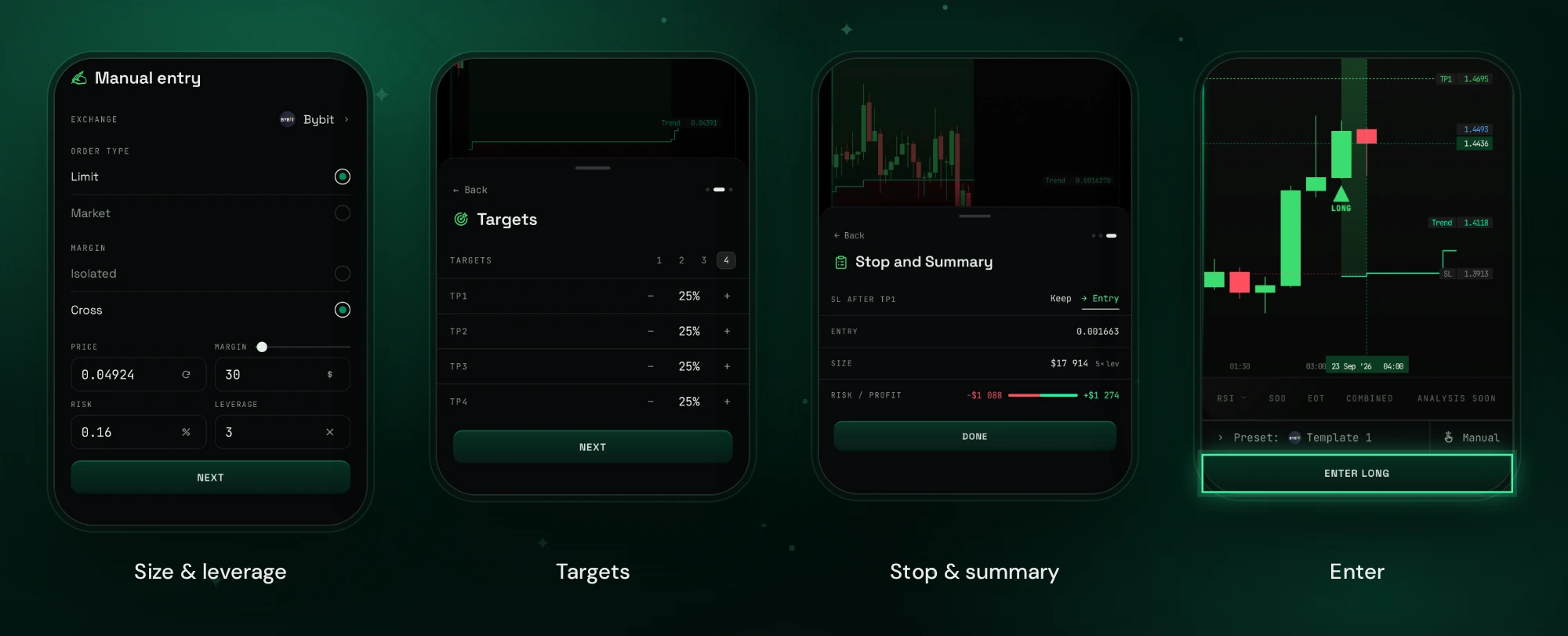 Manual entry: size and leverage, targets, stop and summary, then Enter on the signal card