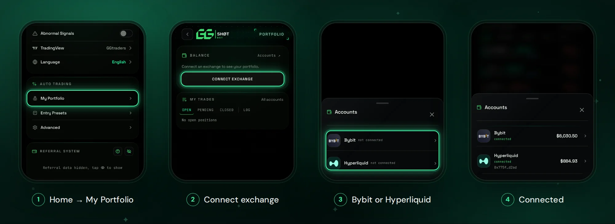 Connecting Bybit in the GGShot Mini App: Home, My Portfolio, Connect exchange, then Bybit