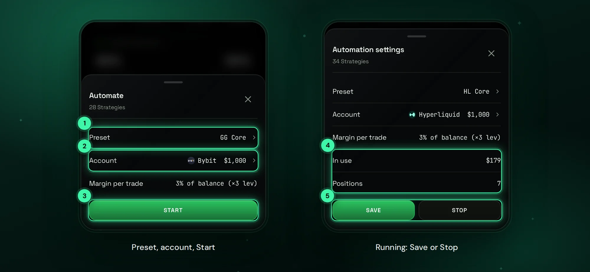 Desk automation on Bybit: preset, account and Start; a running desk with Save and Stop