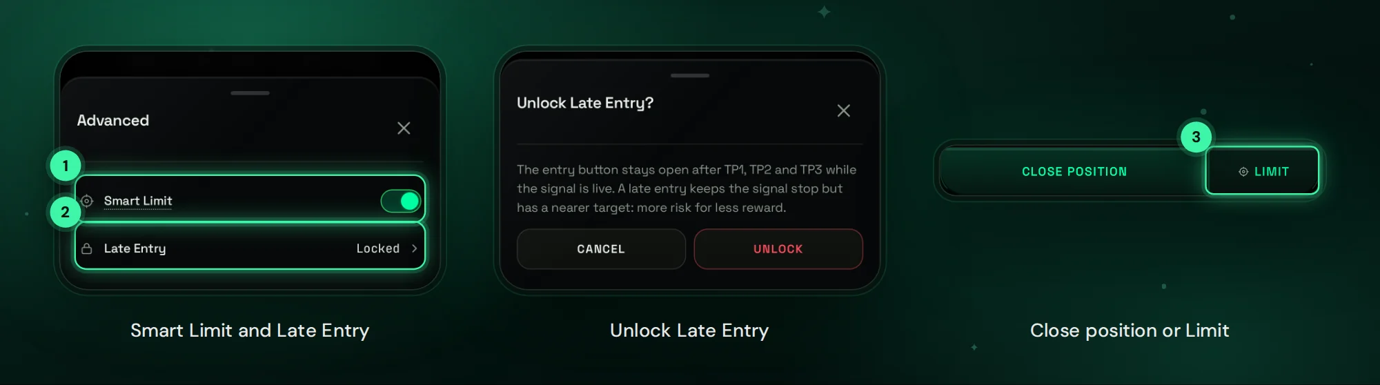 Advanced: Smart Limit and Late Entry, and the Close position and Limit buttons of a live trade