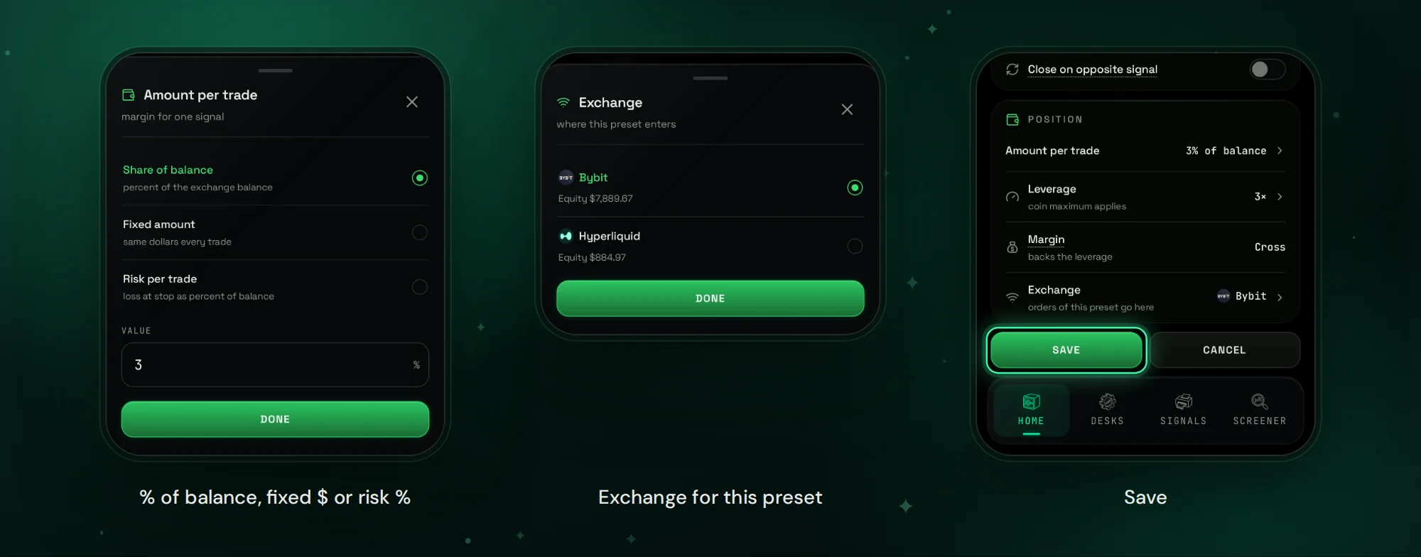 Amount per trade, the exchange for the preset, and Save
