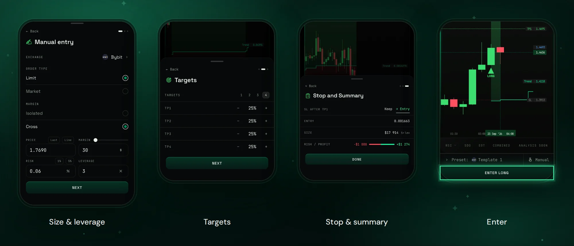 Manual entry: size and leverage, targets, stop and summary, then Enter on the signal card