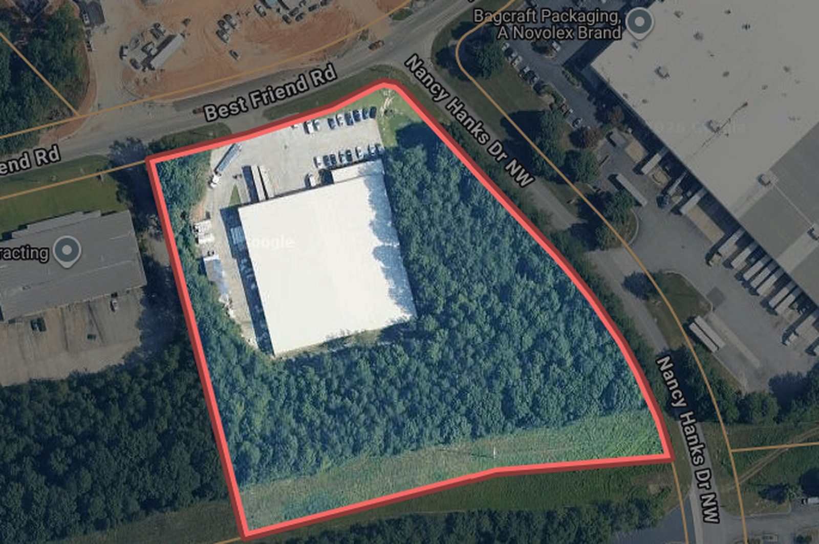 Aerial view of 6480 Best Friend Rd, Norcross, GA with parcel outlined