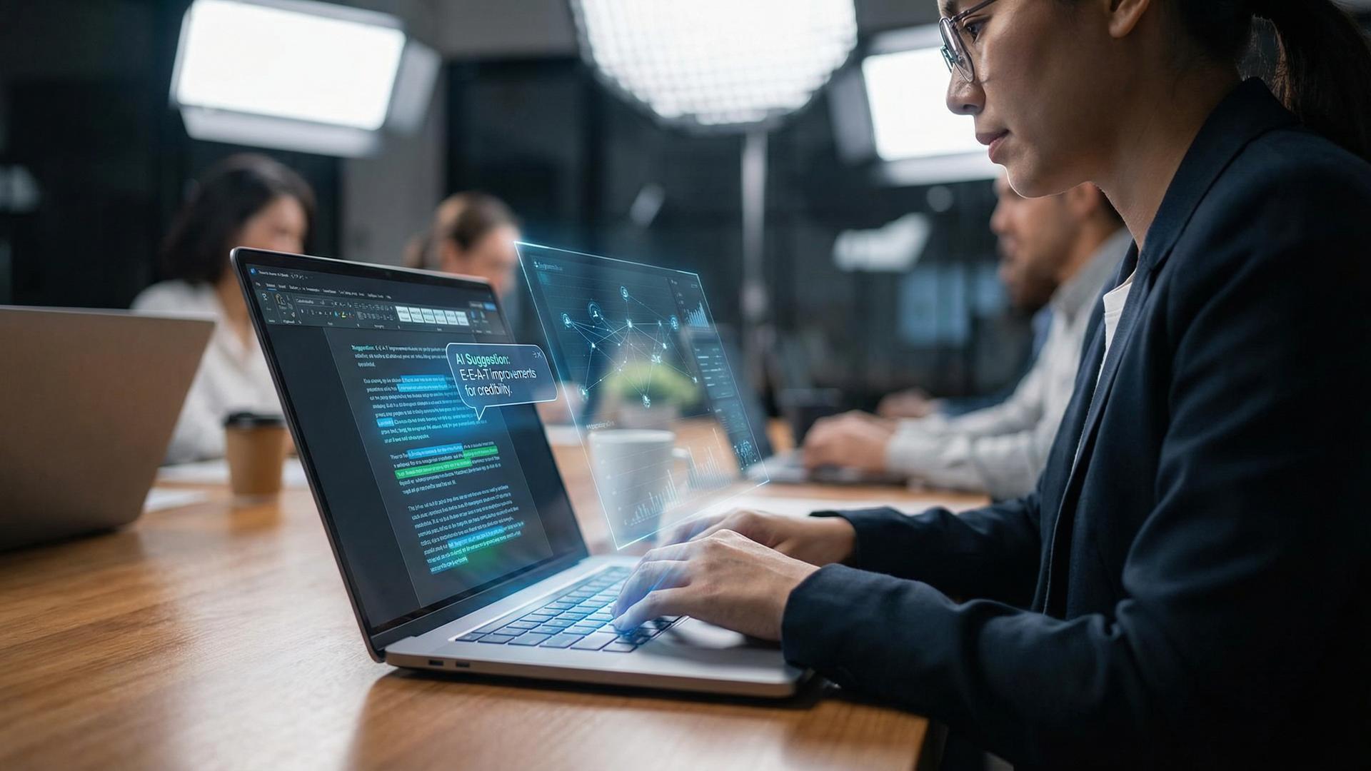 A high-quality photo-realistic image of a professional editor working on a sleek laptop. On the screen, a digital AI assistant is highlighting text and suggesting "E-E-A-T improvements." A transparent holographic interface floats slightly above the keyboard showing data clusters. The atmosphere is collaborative and high-end. Soft studio lighting, shallow depth of field.