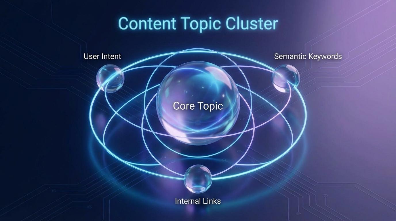 A futuristic 3D visualization of a "Content Topic Cluster." In the center is a large glowing sphere labeled "Core Topic," surrounded by smaller connected nodes like "User Intent," "Semantic Keywords," and "Internal Links." Lines of light connect them like a neural network. Clean white background with blue and teal accents, tech-style vector aesthetic.