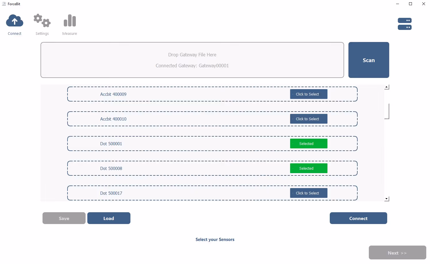 Scan and connect to any Forcebit sensor