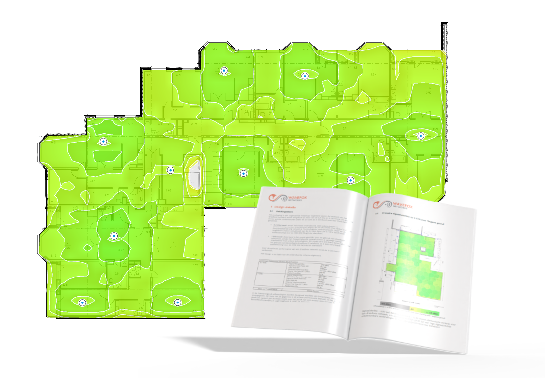 Voorbeeld van een WaveFox wifi site survey met een dekking heatmap en een rapport met meetresultaten en aanbevelingen.