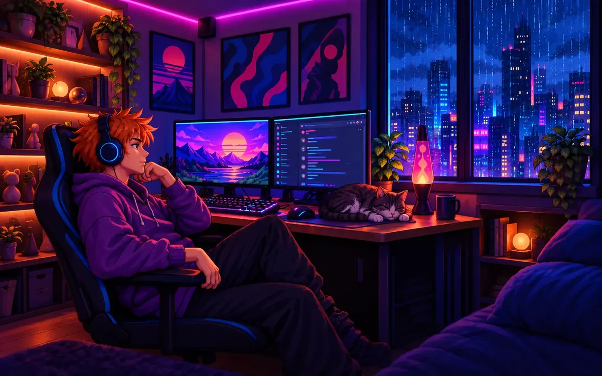 Stanza notturna in pixel art con luci al neon: una persona con le cuffie si rilassa alla scrivania, un gatto dorme e fuori piove sulla città