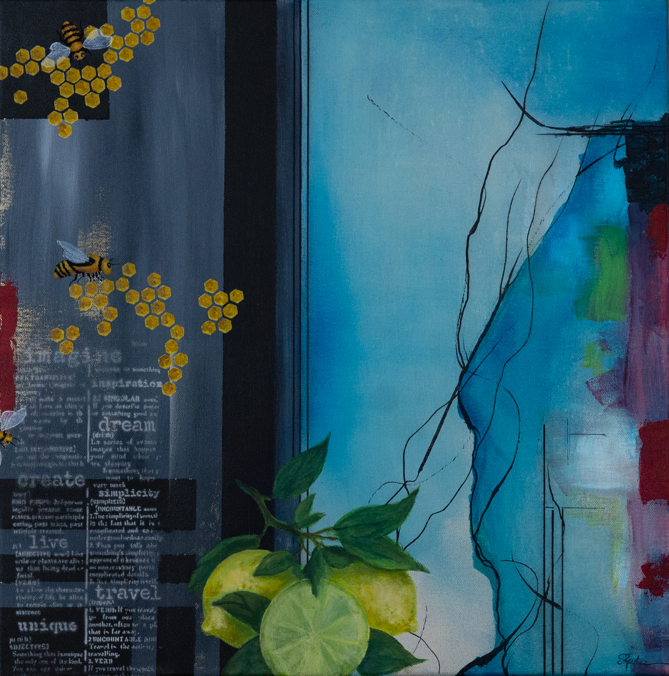 Bilde med ugle i abstrakt forenklet natur. Her er også innslag av bier, edderkopp, ulv, flaggermus og sommerfugl