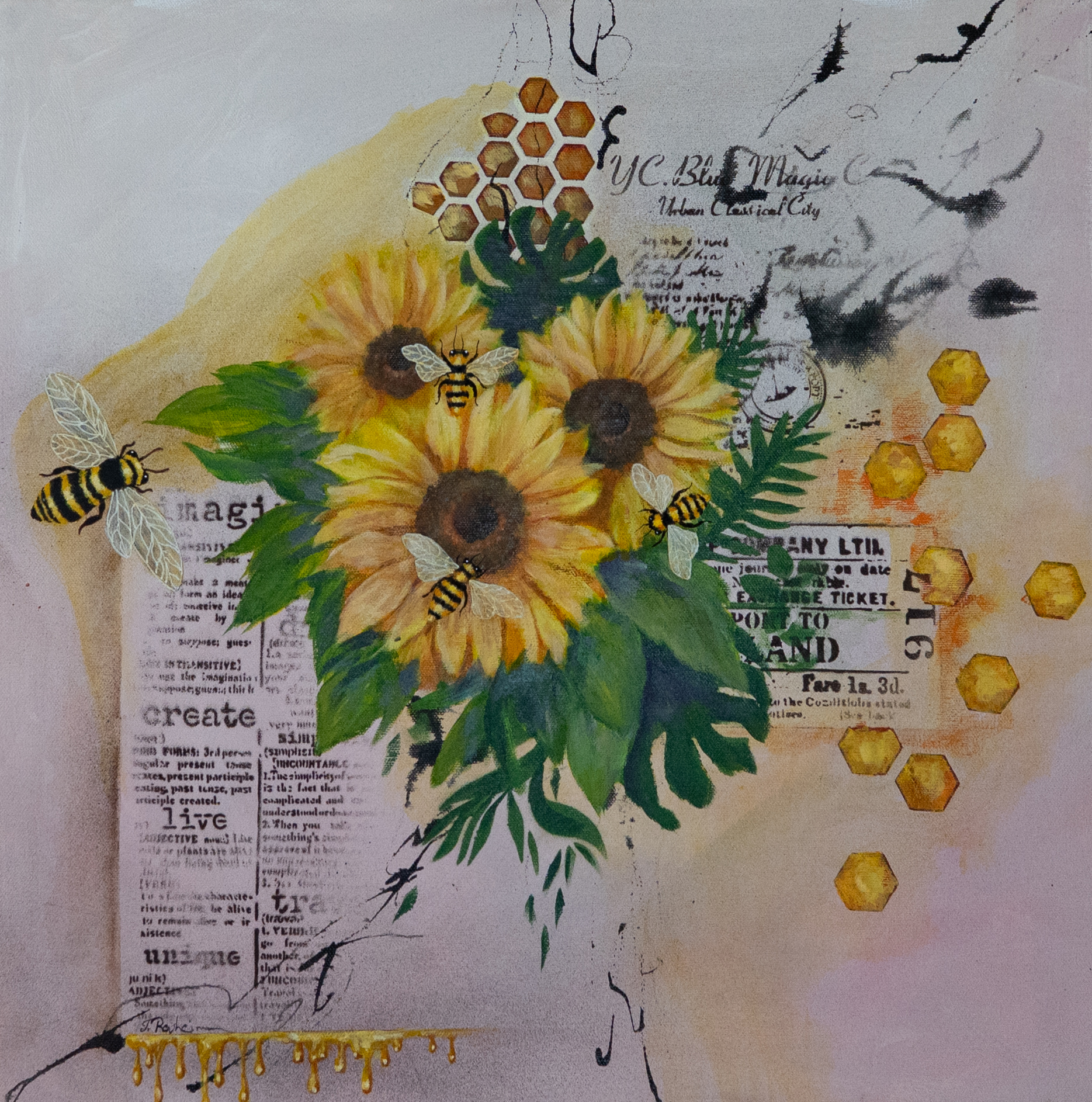 Bilde med ugle i abstrakt forenklet natur. Her er også innslag av bier, edderkopp, ulv, flaggermus og sommerfugl