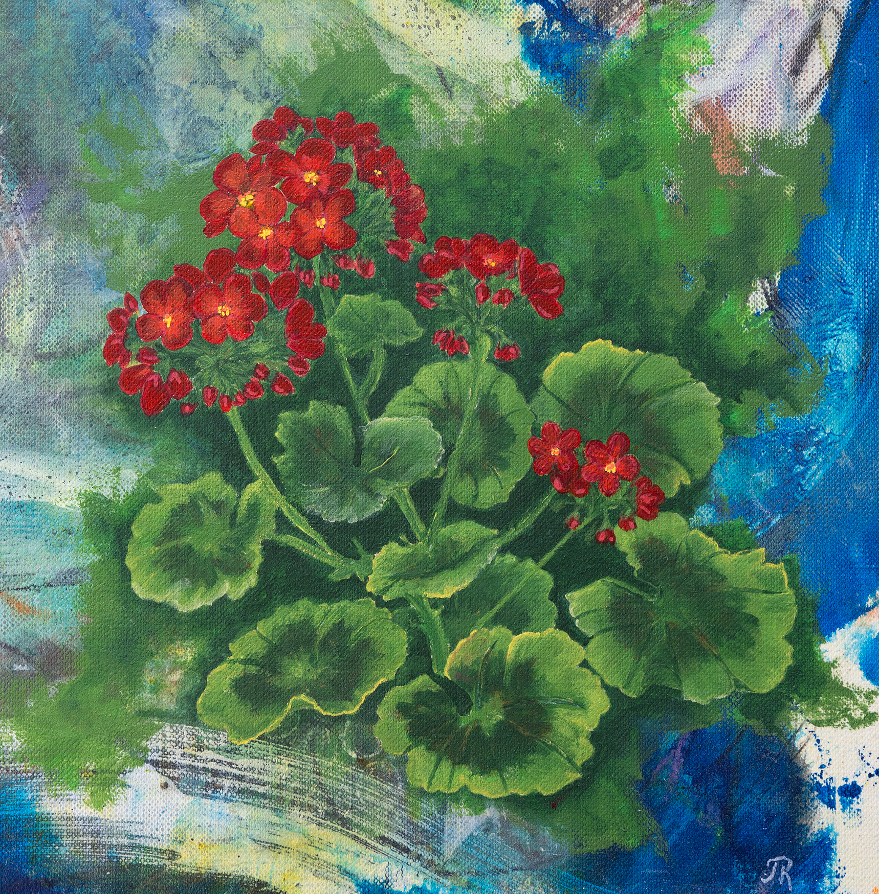 Store mørkeblå blomster med gull detaljer , mange små rosa blomstrer innimellom, på en dus rosa bakgrunn som har innslag av grønne streker , litt lilla og gult kommer også til syne