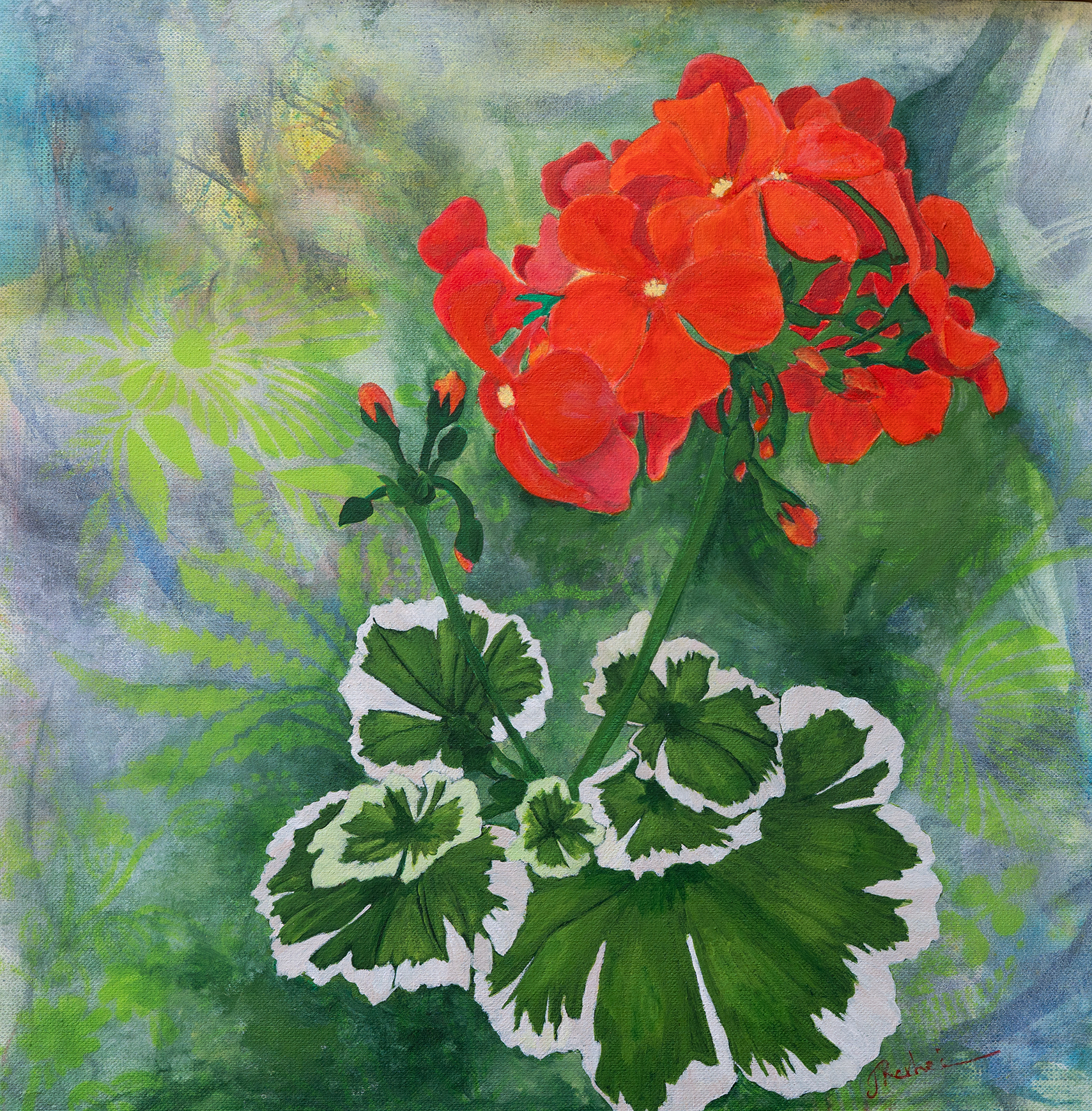 Store mørkeblå blomster med gull detaljer , mange små rosa blomstrer innimellom, på en dus rosa bakgrunn som har innslag av grønne streker , litt lilla og gult kommer også til syne