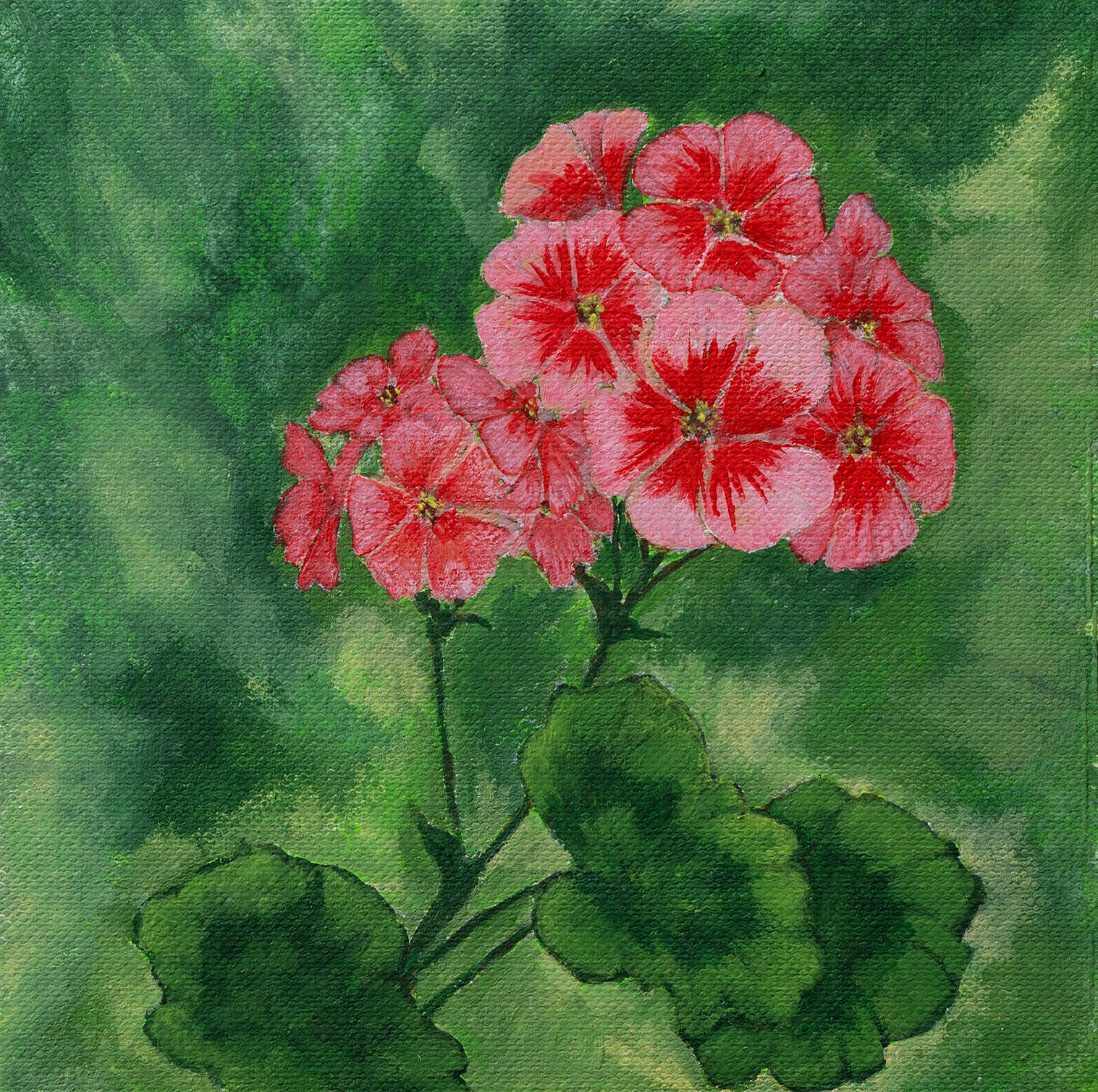 Store mørkeblå blomster med gull detaljer , mange små rosa blomstrer innimellom, på en dus rosa bakgrunn som har innslag av grønne streker , litt lilla og gult kommer også til syne