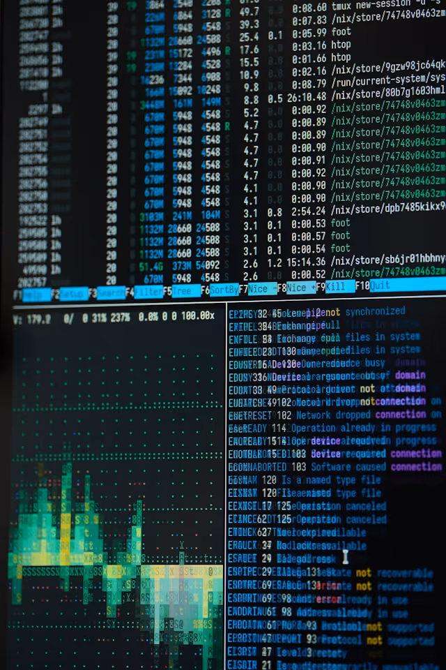 Écran de terminal affichant des processus système, des commandes et des messages de supervision.