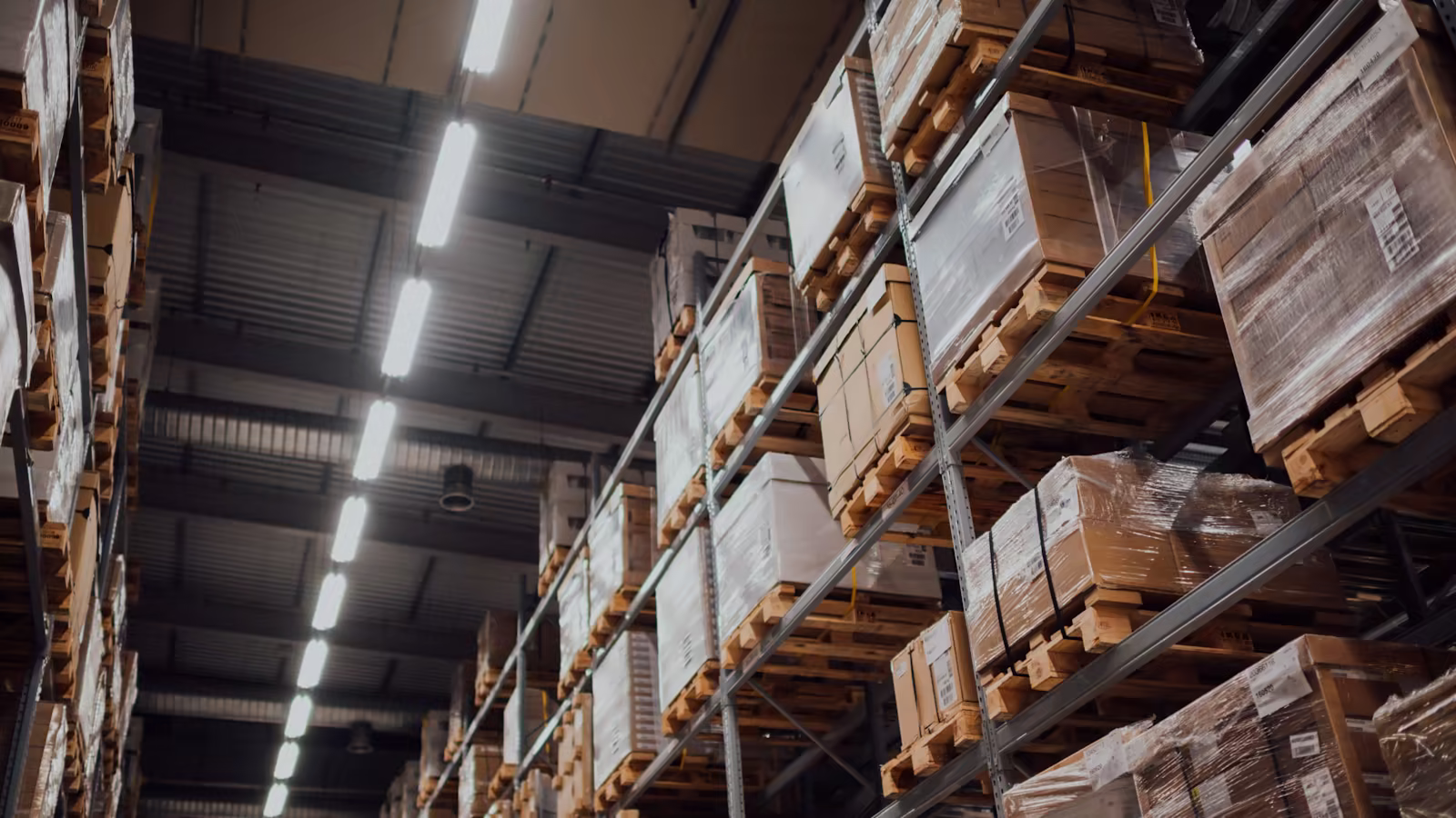 Shelves of products in a bright and tidy warehouse