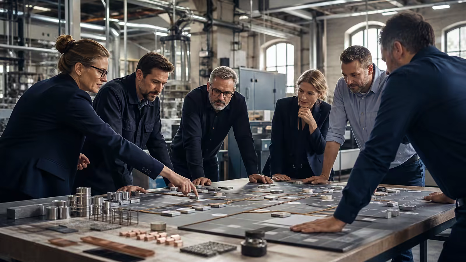 A team preparing the flows of a factory around concrete plans