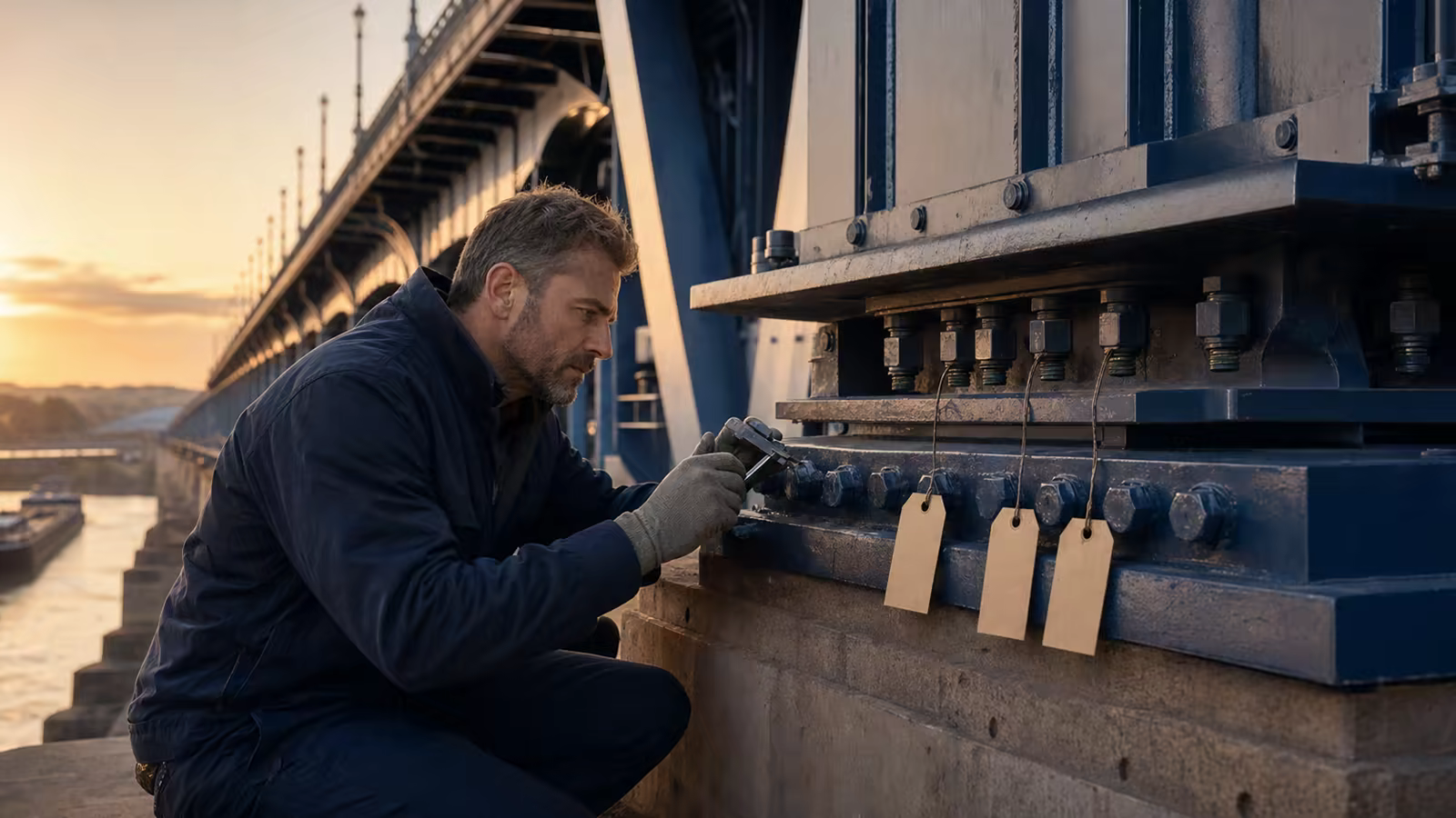 An engineer precisely inspecting the structure of a bridge