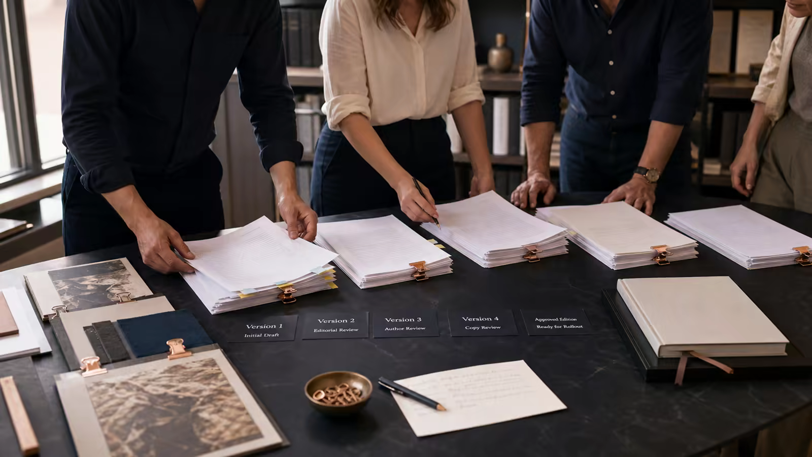 Several annotated versions of a manuscript compared on an editing table