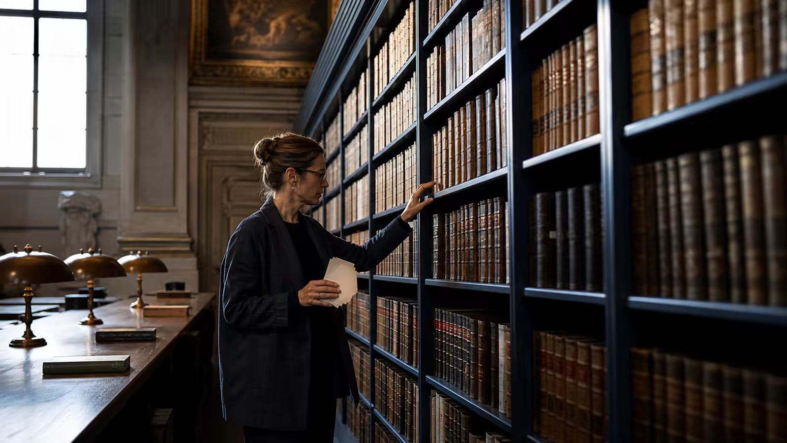 Une bibliothécaire retrouvant un ouvrage précis dans une bibliothèque contemporaine