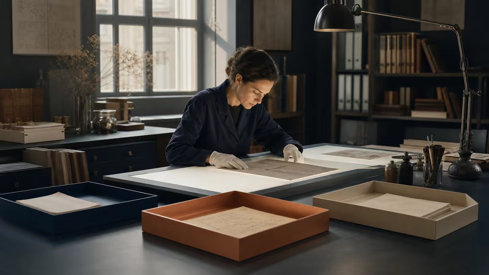 Documents inspected on a light table according to their condition and importance