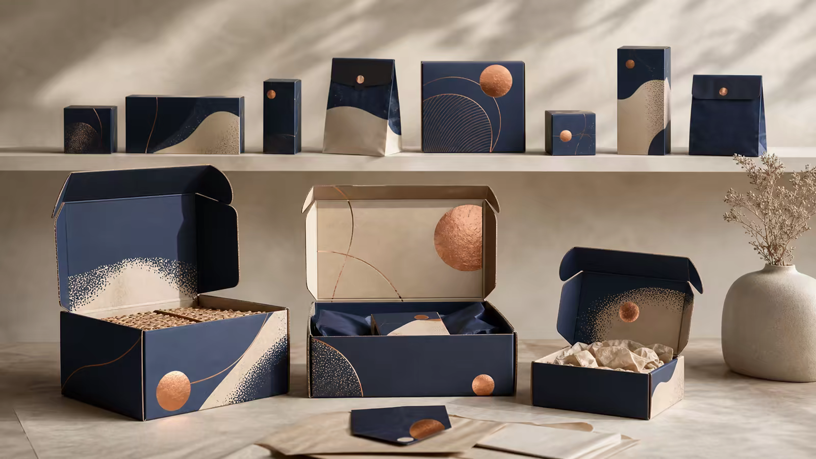 A coherent family of premium packaging photographed in the studio