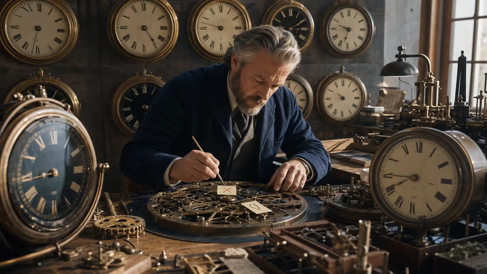 Several coordinated precision clocks in a contemporary workshop