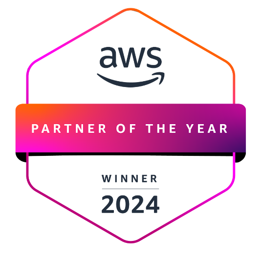 AWS Partner of the Year winner badge for 2024 with a hexagonal shape and a gradient banner.