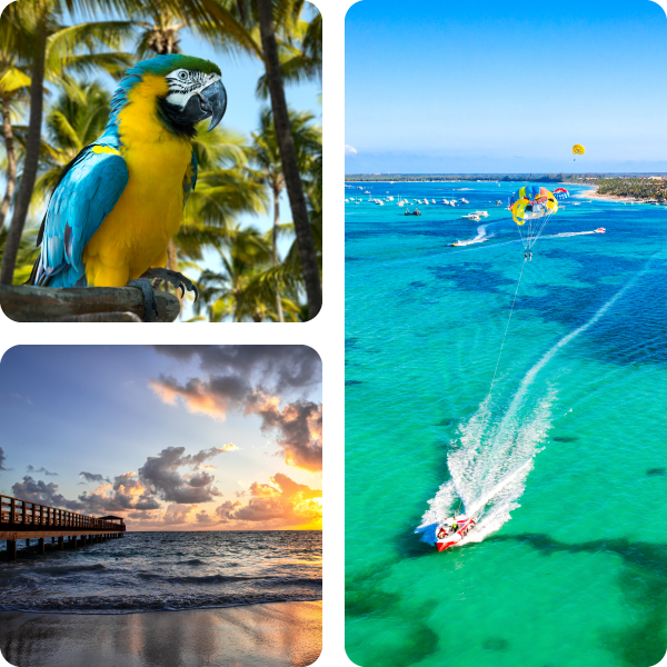 A collage of images featuring views of the Caribbean and the powder-white beaches along Punta Cana's coast.
