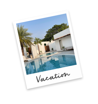 A polaroid image of a resort suite's small pool and outdoor seating area.