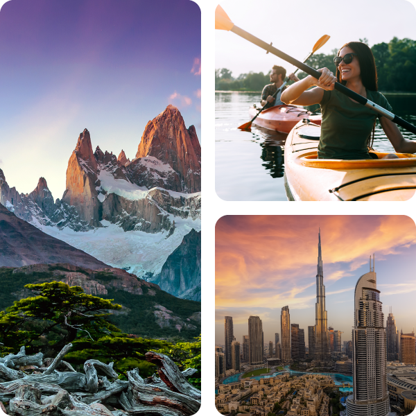 A collage of images featuring a couple kayaking along a river, a panoramic view of Patagonia, and a panoramic view of Dubai's skyline.