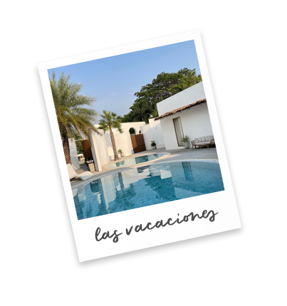 A polaroid image of a resort suite's small pool and outdoor seating area.