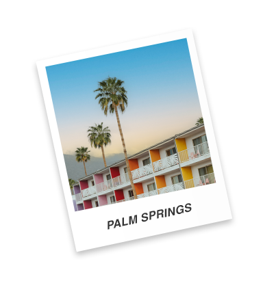 A polaroid image of a colorful mid-century designed hotel.