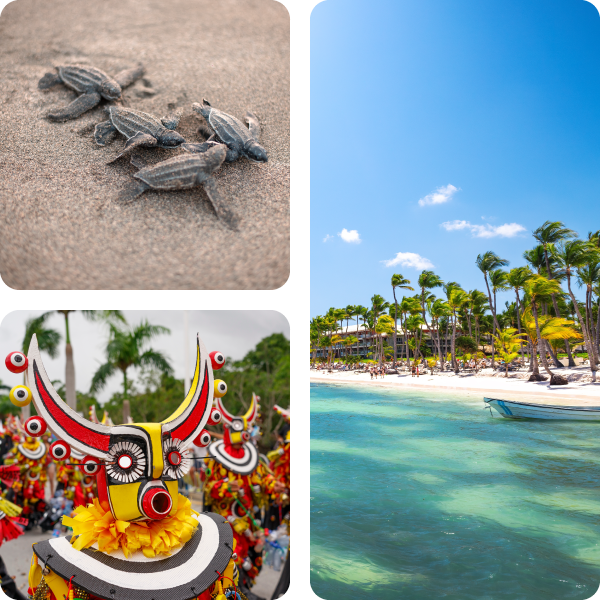 A collage of images Punta Cana, featuring the shoreline and native dancers in bright costume.