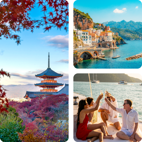 A collage of travel imagery featuring Japan and the coast of Italy.