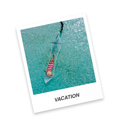 A polaroid of a woman relaxing in a hammock over the ocean.