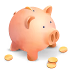 Pink piggy bank surrounded by scattered gold coins.