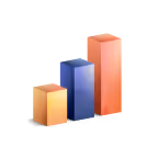 Three vertical bars in ascending height representing a bar graph, colored orange, blue, and red.