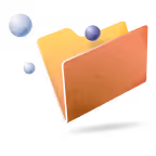 Orange folder icon with blue, purple, and white spheres floating around it.